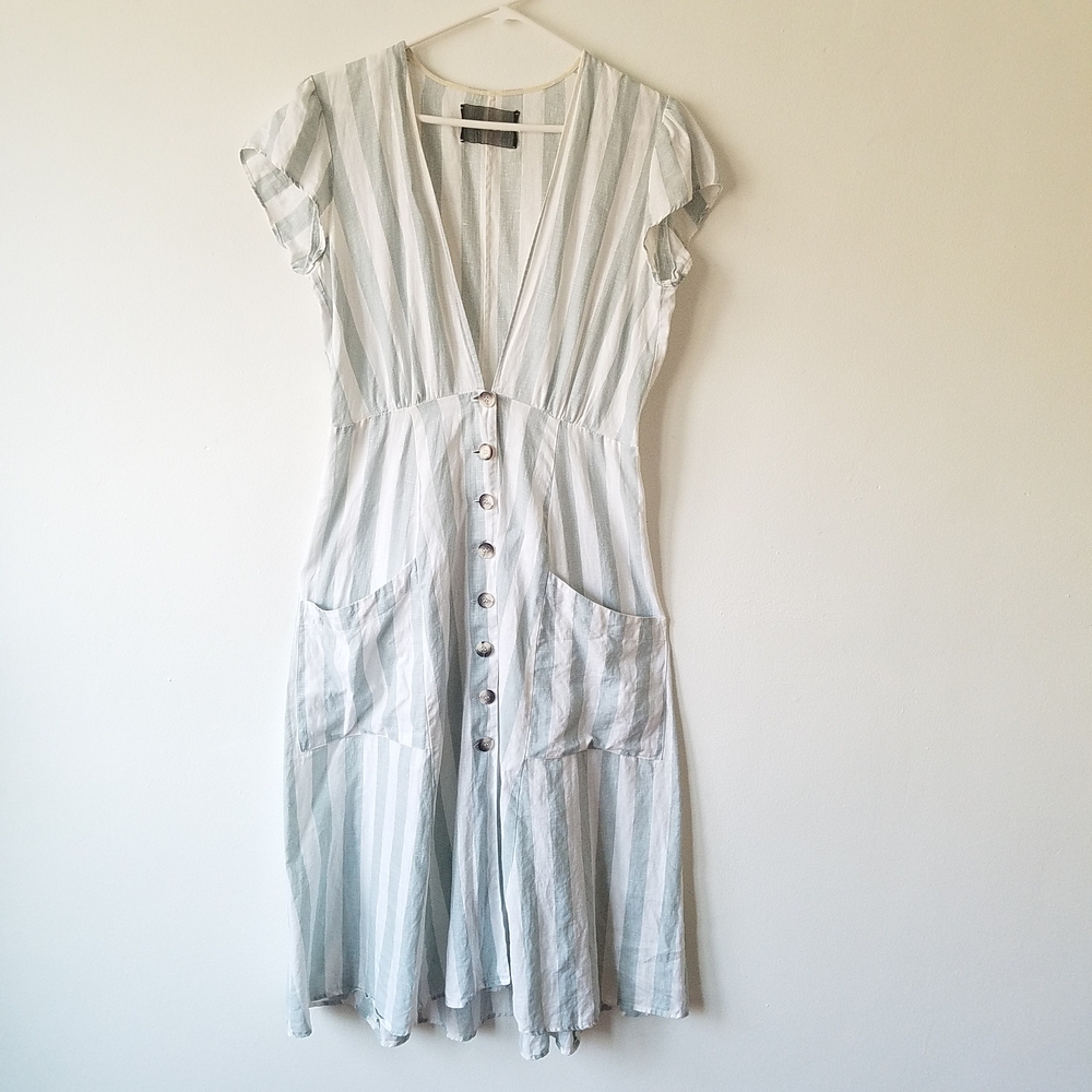 Reformation 100%Linen Striped Plunge V-Neck Pocket Midi Dress Size 10